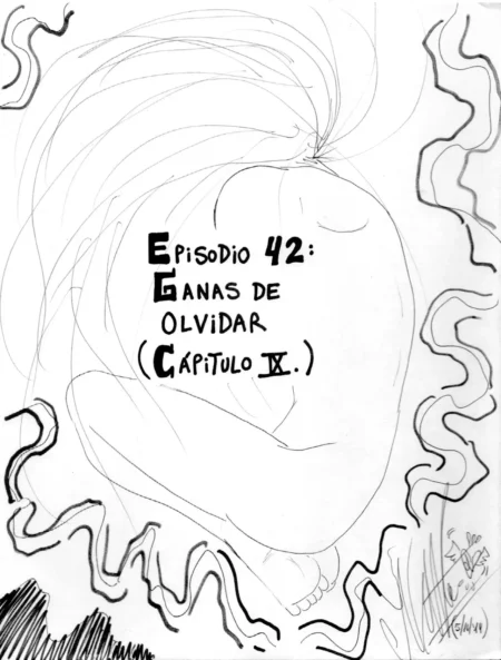 Dibujo lineal de una mujer desnuda fetal en posición encogida con cabello largo y fluido sobre fondo blanco.