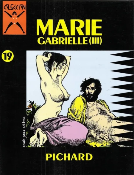 Mujer desnuda con pechos expuestos y falda púrpura junto a un hombre barbudo semidesnudo en dibujo erótico de Pichard.