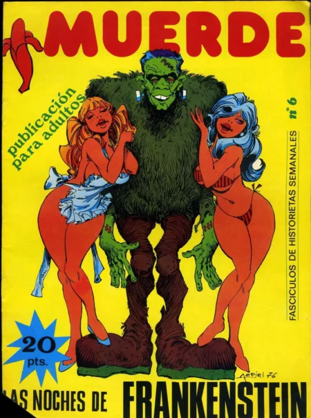 Frankenstein monstruo peludo entre dos mujeres jóvenes con lencería erótica y pechos descubiertos en portada de Muerde 6.