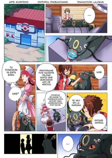 Entrenador abrazando a un Umbreon herido en el Centro Pokémon mientras una enfermera observa la escena.