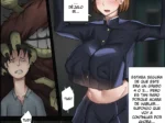 Nobara Kugisaki con uniforme escolar, pechos grandes y falda corta, sometida y desarmada por una maldición.