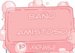 Texto rosa con las palabras Baño Amistoso rodeado de burbujas de jabón blancas y rosadas.