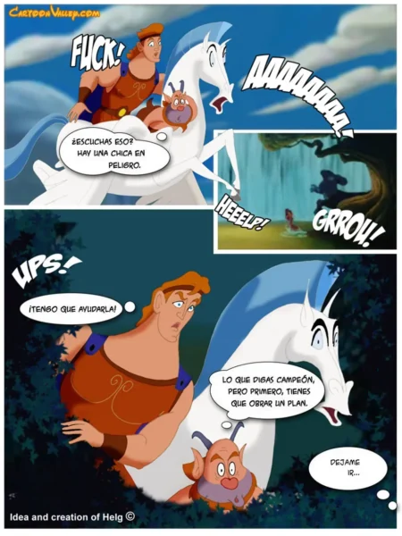 Phil y Hércules montados sobre Pegaso mientras escuchan los gritos de auxilio de una mujer en el bosque.