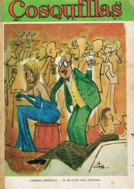 Portada de Revista Cosquillas N° 11 con caricatura erótica de hombre mirando el trasero de mujer rubia en vestido azul.