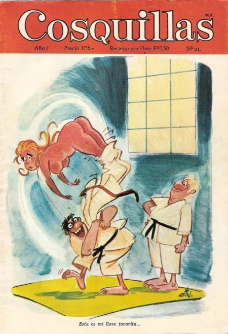 Mujer desnuda arqueada sobre un hombre con traje de karate mientras otro observa en la portada de Revista Cosquillas 21.