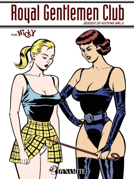 Dos mujeres con bodies ajustados y tacones, una rubia con falda escocesa y otra pelirroja con guantes y látigo.