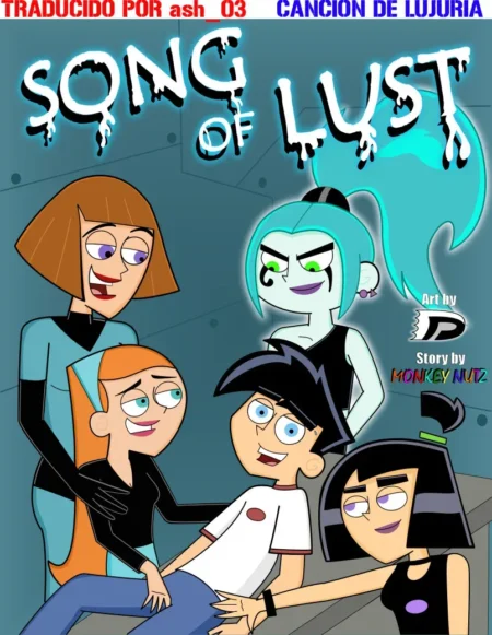 Personajes de Song of Lust en pose sugerente con manos tocando genitales y pechos en escena erótica.
