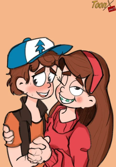 Dipper y Mabel Pines tomados de la mano con miradas lujuriosas y rostros sonrojados en pose incestuosa.