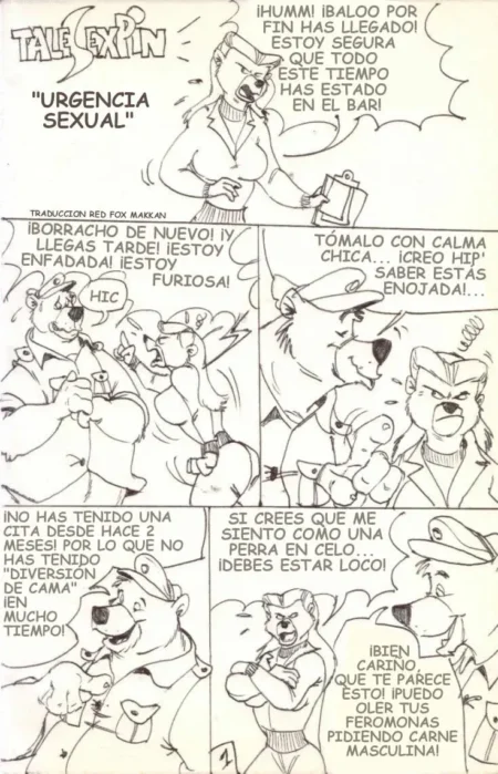 Cómic Tailsexpin Sex Urges con perro antropomorfo y mujer discutiendo sobre deseo sexual y celo.