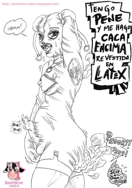 Femboy con pene erecto y traje de látex defecando sucio por el trasero en dibujo erótico scat.