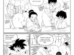 Cómic erótico de Goku y Gohan musculosos exhibiendo sus penes y glúteos frente a una mujer sumisa.