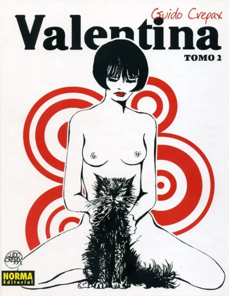 Mujer desnuda con peinado bob y pechos expuestos sentada sosteniendo a un gato negro frente a círculos rojos concéntricos.