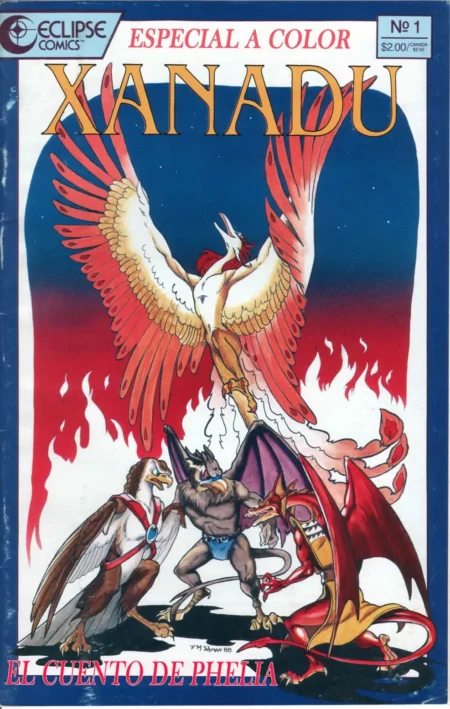 Portada de cómic de Xanadu con criaturas antropomórficas aladas y un demonio musculoso en ropa interior azul.