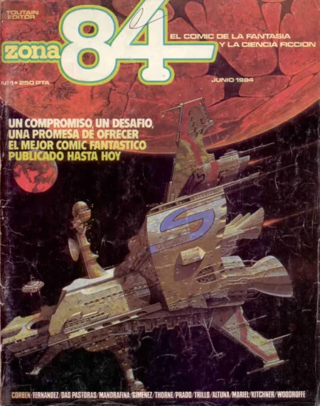 Portada de Zona 84 Nº1 con una nave espacial futurista sobre un fondo cósmico rojo y negro.