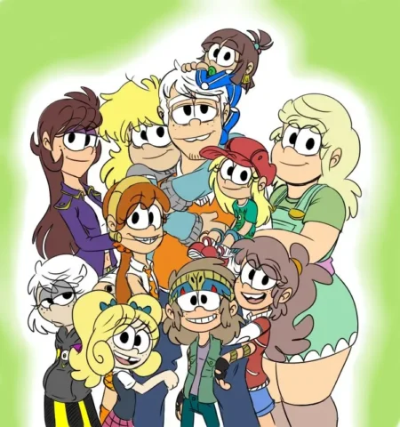 Grupo de personajes de Patanu102 posando juntos sobre un fondo verde claro.
