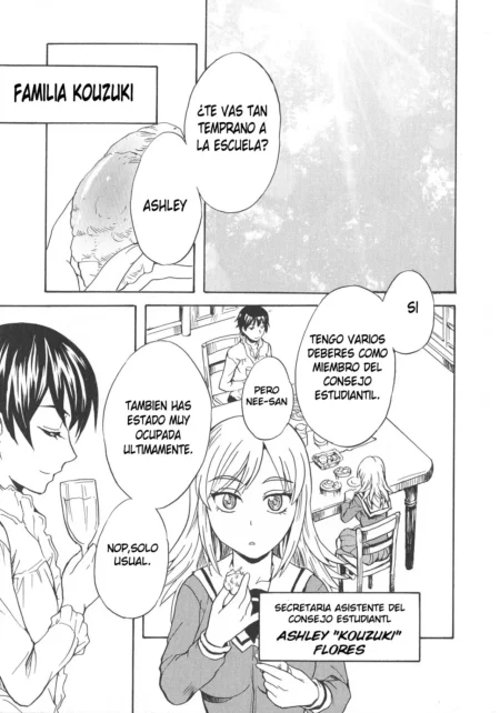 Panel de manga con Ashley Kouzuki y otros personajes conversando en el comedor de la familia Kouzuki.