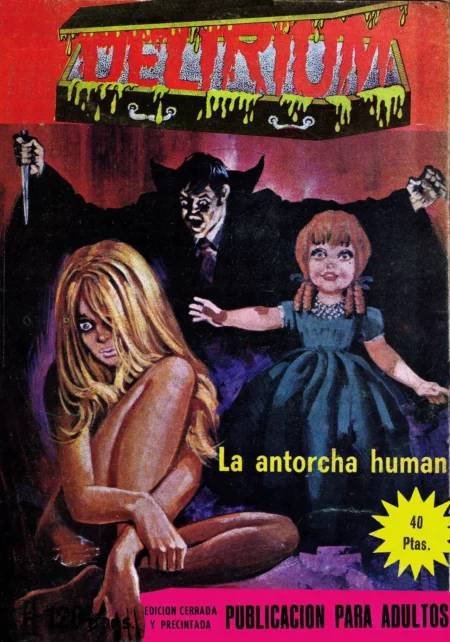 Mujer rubia desnuda y encogida frente a un vampiro con cuchillo y una muñeca macabra en portada de Delirium 18.