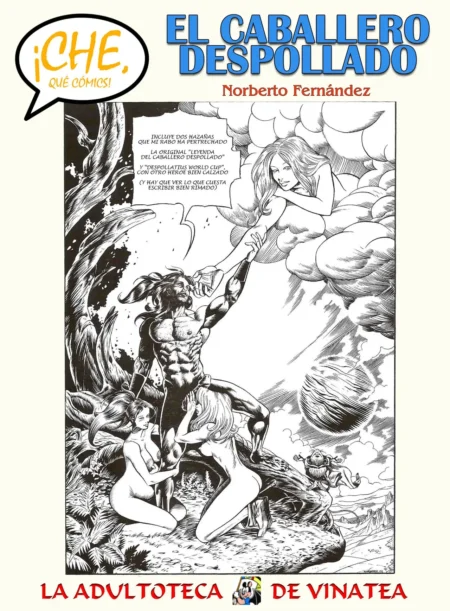 Hombre musculoso desnudo en cómic erótico penetrando a una mujer mientras otra mujer desnuda lo acaricia.