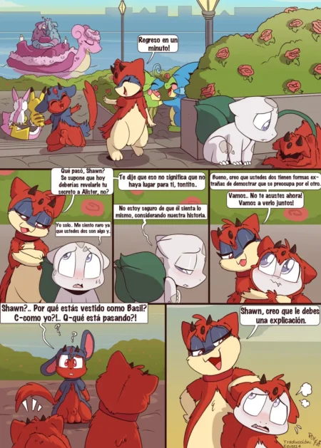 Cómic de Pokémon con personajes antropomórficos hablando sobre secretos y relaciones sentimentales en un jardín.