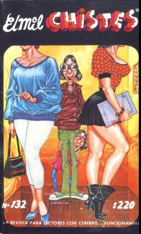 Hombre con gafas y lengua fuera observa el trasero de mujer con minifalda negra y botas altas en portada de revista.