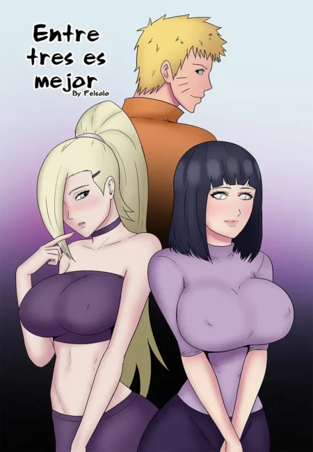 Naruto junto a Ino y Hinata luciendo pechos grandes y apretados bajo tops morados ajustados.