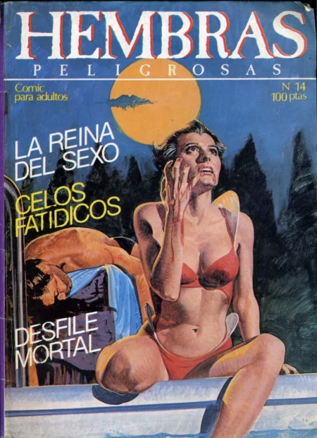 Mujer en bikini rojo sentada con expresión excitada mientras un hombre desnudo yace detrás en la portada de un cómic erótico.