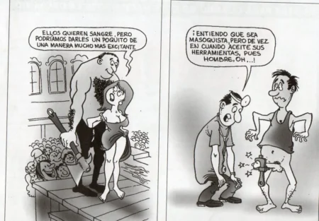 Cómic donde un hombre con el pene atrapado en una llave inglesa es observado por otro mientras una mujer exhibe su coño.