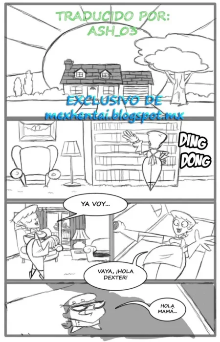 Página de cómic erótico con la mamá de Dexter recibiendo visitas en su casa con ropa ajustada y sugerente.