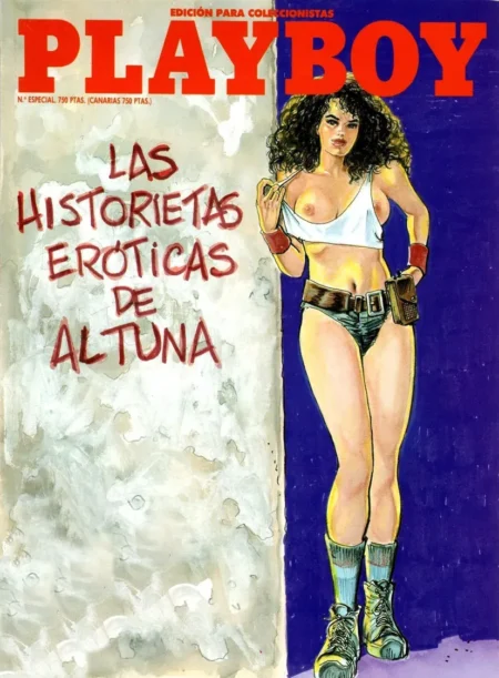 Mujer de pelo rizado con top blanco corto, bragas negras y botas, posando en la portada de Playboy de Altuna.