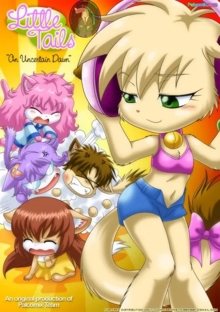 Antropomórfica zorro rubia con top rosa y shorts azules posando junto a otras chicas furry en Little Tails Chapter 1.