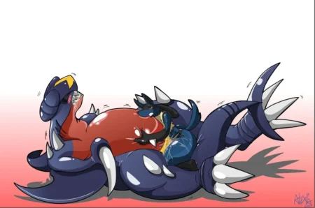 Lucario penetra analmente a Garchomp mientras Lugia observa el orgasmo del Pokémon dragón tumbado de espaldas.