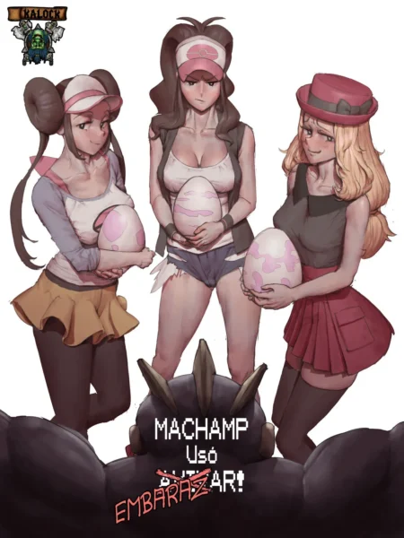 Tres entrenadoras Pokémon sostienen huevos rosas contra sus pechos tras ser fecundadas por un Machamp.