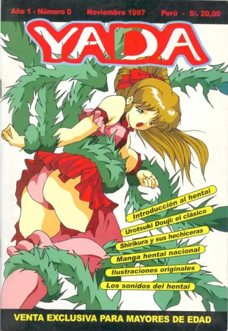 Mujer anime con falda corta roja y top rosa atrapada por tentáculos verdes que le rozan los glúteos y el pecho.