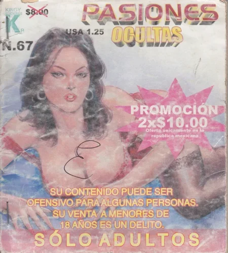 Mujer con pechos descubiertos y mirada seductora recostada en portada de revista erótica Pasiones Ocultas número 67.