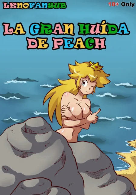 Princesa Peach desnuda con pechos grandes y erectos posando detrás de una roca frente al mar.