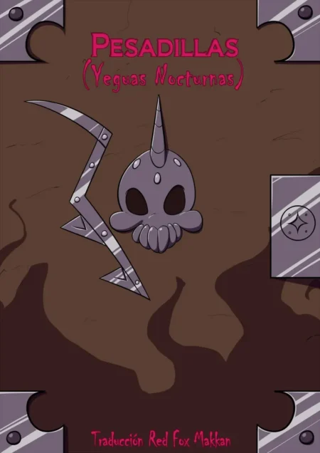 Portada de Pesadillas Yeguas Nocturnas con un cráneo púrpura y una cuchilla metálica sobre fondo marrón oscuro.