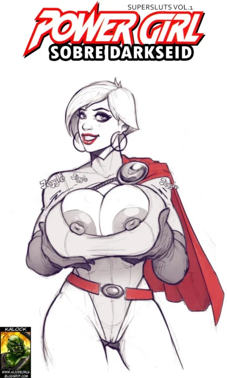 Power Girl con pechos gigantes apretados en su traje blanco y capa roja posando con mirada provocativa.