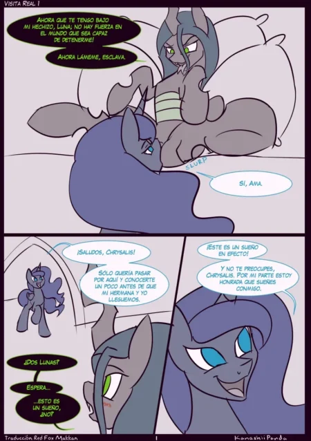Yegua gris Chrysalis sentada mientras la Princesa Luna lame su vulva en una escena de sexo oral anthropomorphic.