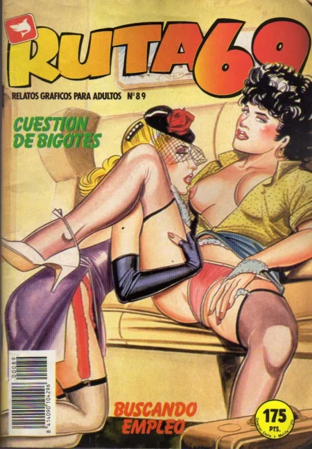 Dos mujeres rubia y morena con lencería sexy y medias desnudando sus pechos y vulvas en la portada de Ruta 69 número 89.