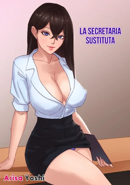 Secretaria de cabello largo con camisa blanca abierta mostrando sus pechos y falda negra corta sentada en un escritorio.