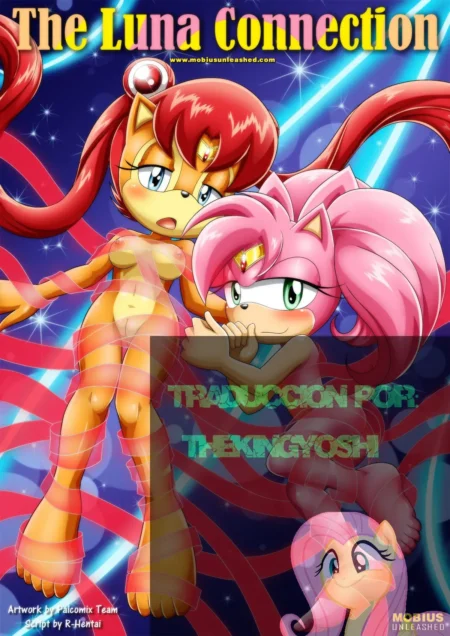 Bunnie Rabbot desnuda y atada con cintas rojas mientras Amy Rose la acaricia sexualmente en The Luna Connection.