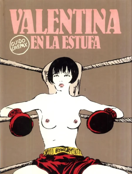 Valentina desnuda con guantes de boxeo rojos y shorts, mostrando sus pechos mientras posa en un ring de combate.