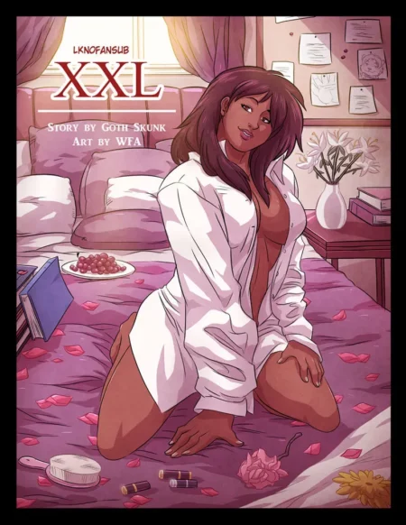 Mujer morena con camisa blanca abierta sentada en la cama exponiendo sus pechos y vulva en arte erótico de Lknofansub XXL.