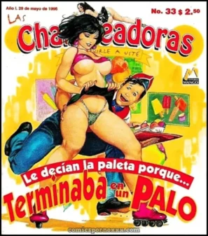 Mujer con tanga verde y sostén rosa sentada sobre un hombre mientras lo penetra en la portada de Las Chambeadoras 33.