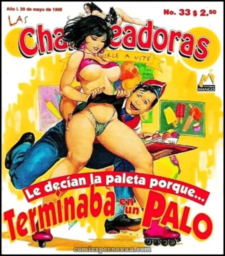 Mujer con tanga verde y sostén rosa sentada sobre un hombre mientras lo penetra en la portada de Las Chambeadoras 33.