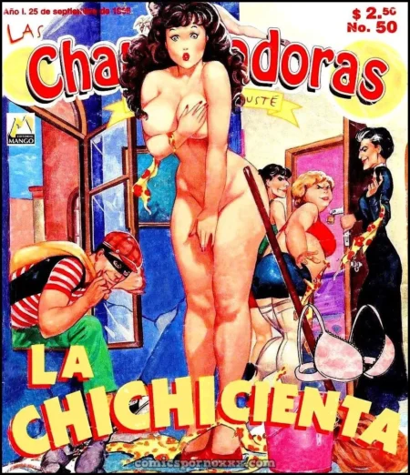 Mujer desnuda con pechos grandes cubriéndose el seno mientras un hombre la observa fijamente en una portada de cómic erótico.