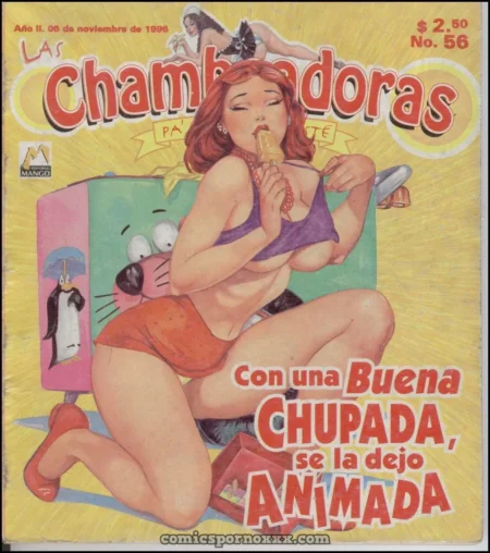 Mujer pelirroja con top morado y pantis naranjas chupando un plátano con pechos grandes en portada de Las Chambeadoras.