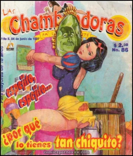 Mujer de cómic con falda amarilla levantada mirando su reflejo mientras se toca el pecho y el cuerpo.