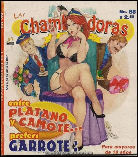 Mujer pelirroja con sostén negro y medias sentada con las piernas cruzadas rodeada de dos hombres en portada erótica.