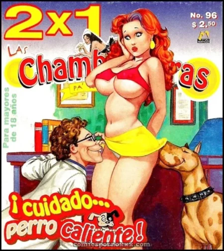 Mujer pelirroja con pechos grandes en bikini rojo y minifalda amarilla siendo observada por un hombre y un perro.